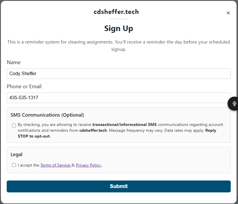 Screenshot of SMS signup consent process showing optional checkbox and disclosure language