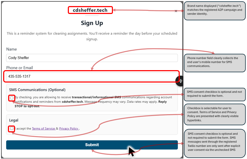 Screenshot of SMS signup consent process showing optional checkbox and disclosure language